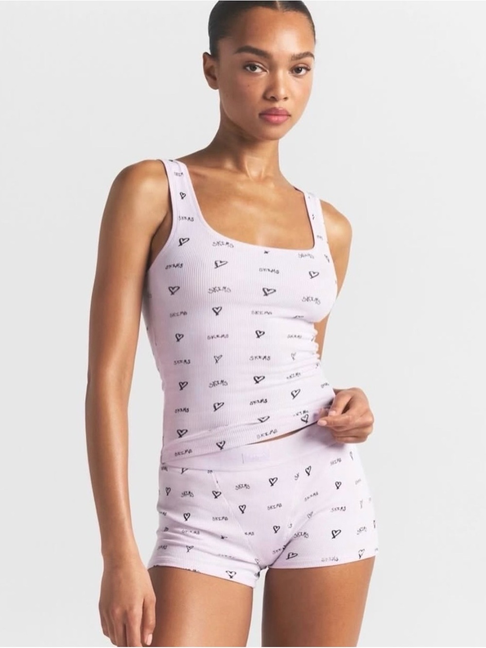 SKIMS Cotton Rib Boyshort Boxer Shorts in the Sugar Plum Heart Logo print